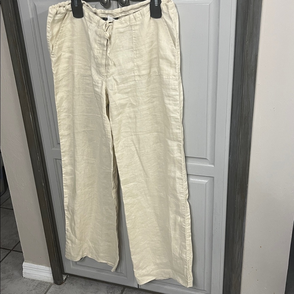 Cream Lightweight Linen Drawstring Pants